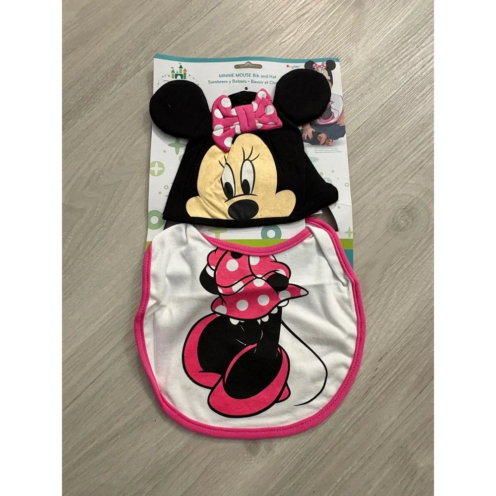 Disney Minnie Mouse Baby Bib and Hat Set Black Pink White New